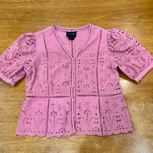 LIV Los Angeles pink eyelet button up blouse with short puffed sleeves